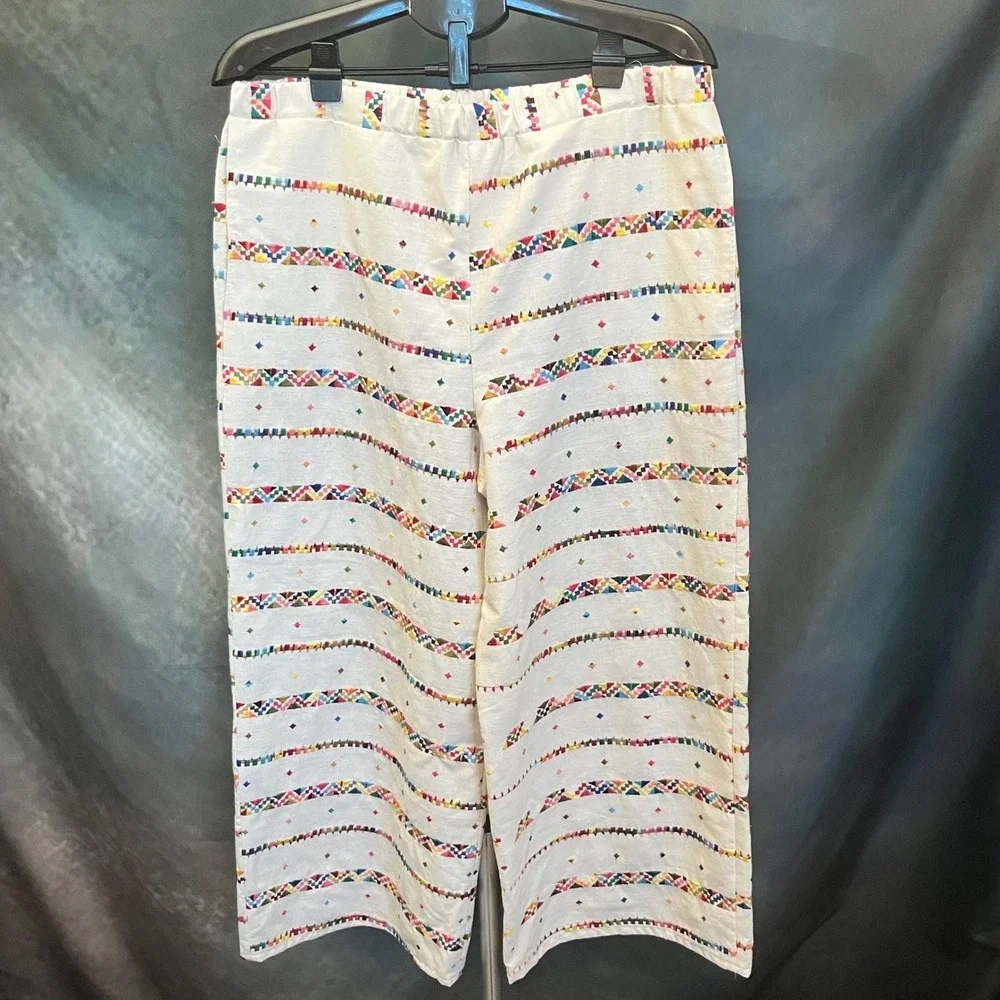 Embroidered Kantha Bohemian Pants Colorful Geometric Print Wide‎ Leg Size L/XL